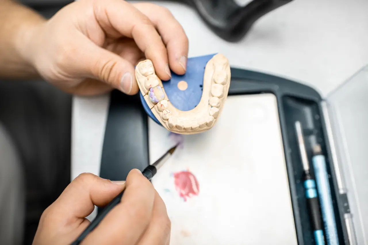 Dental technician coloring dental prosthesis